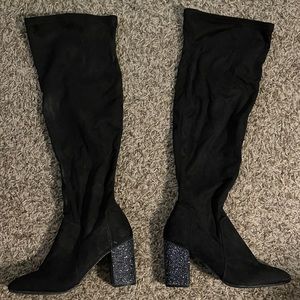 Black Thigh High Boots with Sparkle Block Heel